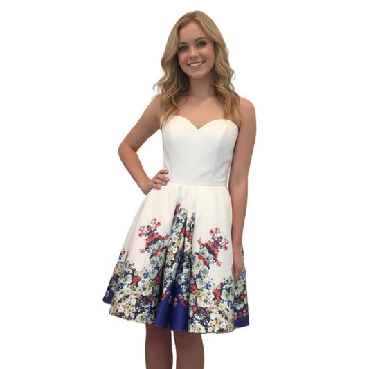 StraplessWhite Short Floral Homecoming Dress