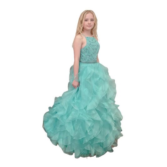 Halter Beading Top Mint Ruffle Skirt Long Pageant Dress for Girls
