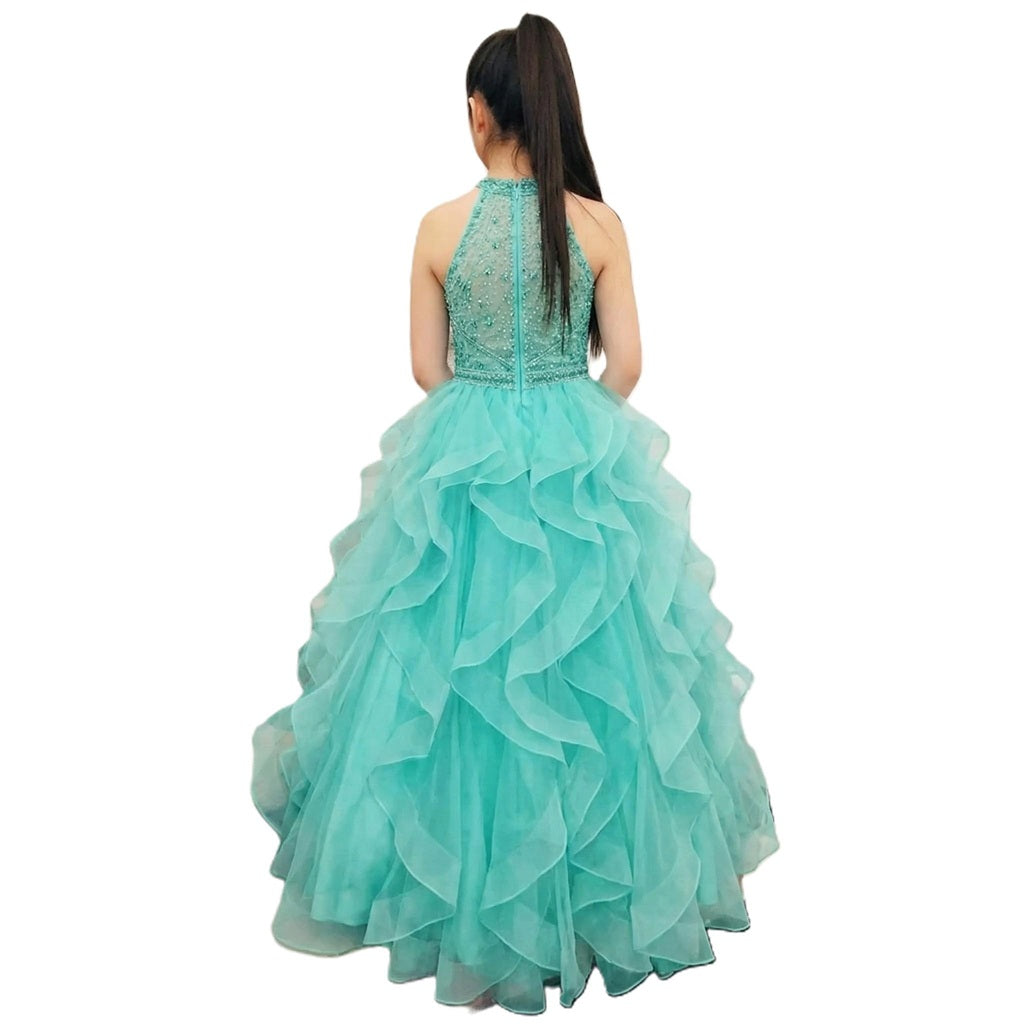 Halter Beading Top Mint Ruffle Skirt Long Pageant Dress for Girls