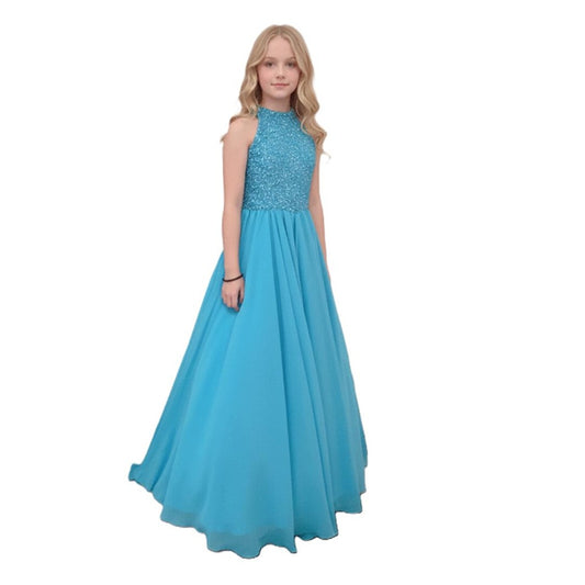 Girls Halter Beading Top Long Formal Dress with Flowing Skirt