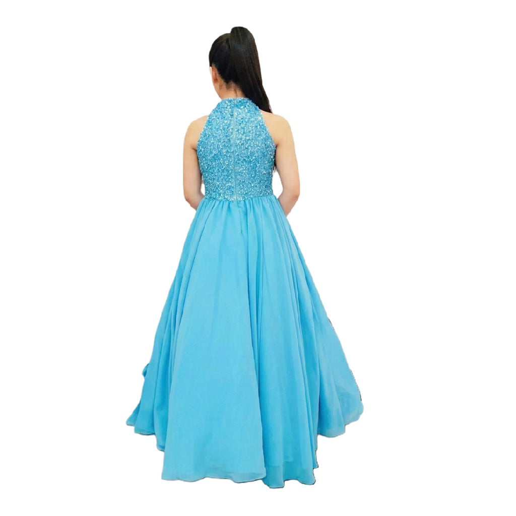Girls Halter Beading Top Long Formal Dress with Flowing Skirt