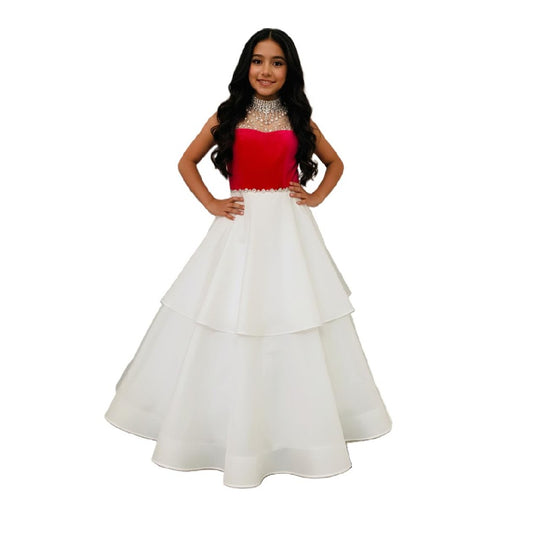 Girls Beaded High Neck Color/White Layered Long Formal Dress