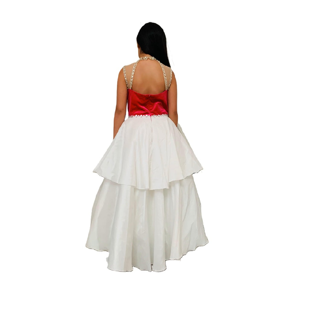 Girls Beaded High Neck Color/White Layered Long Formal Dress