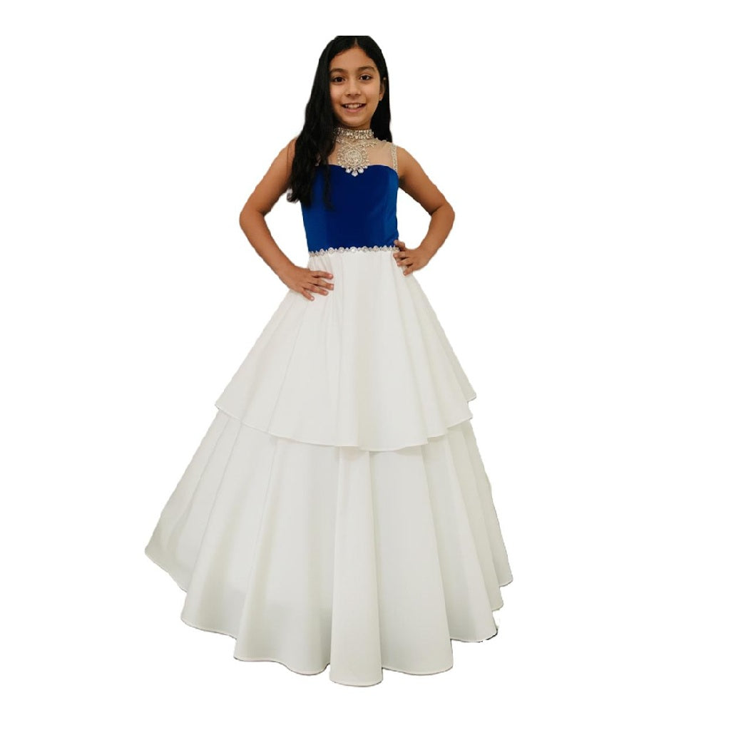 Girls Beaded High Neck Color/White Layered Long Formal Dress