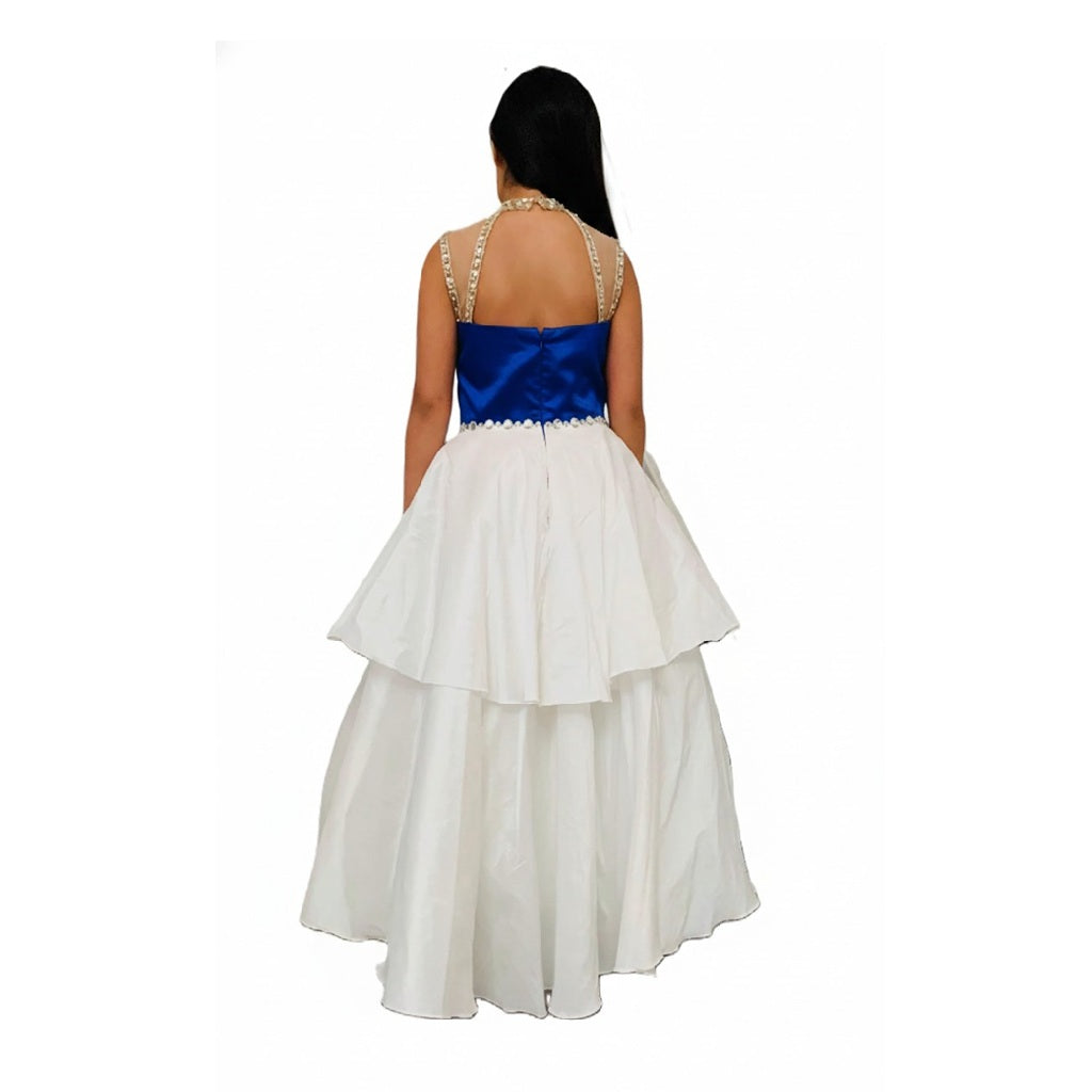 Girls Beaded High Neck Color/White Layered Long Formal Dress