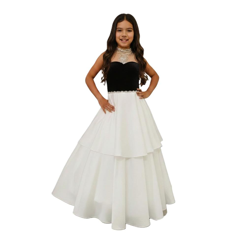 Girls Beaded High Neck Color/White Layered Long Formal Dress