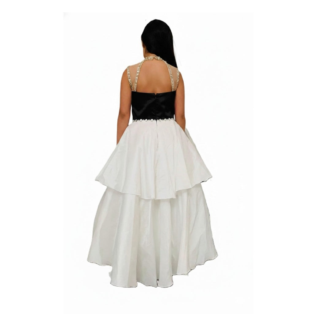 Girls Beaded High Neck Color/White Layered Long Formal Dress