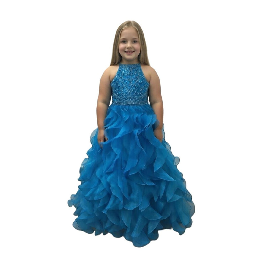 Halter Beading Top Mint Ruffle Skirt Long Pageant Dress for Girls