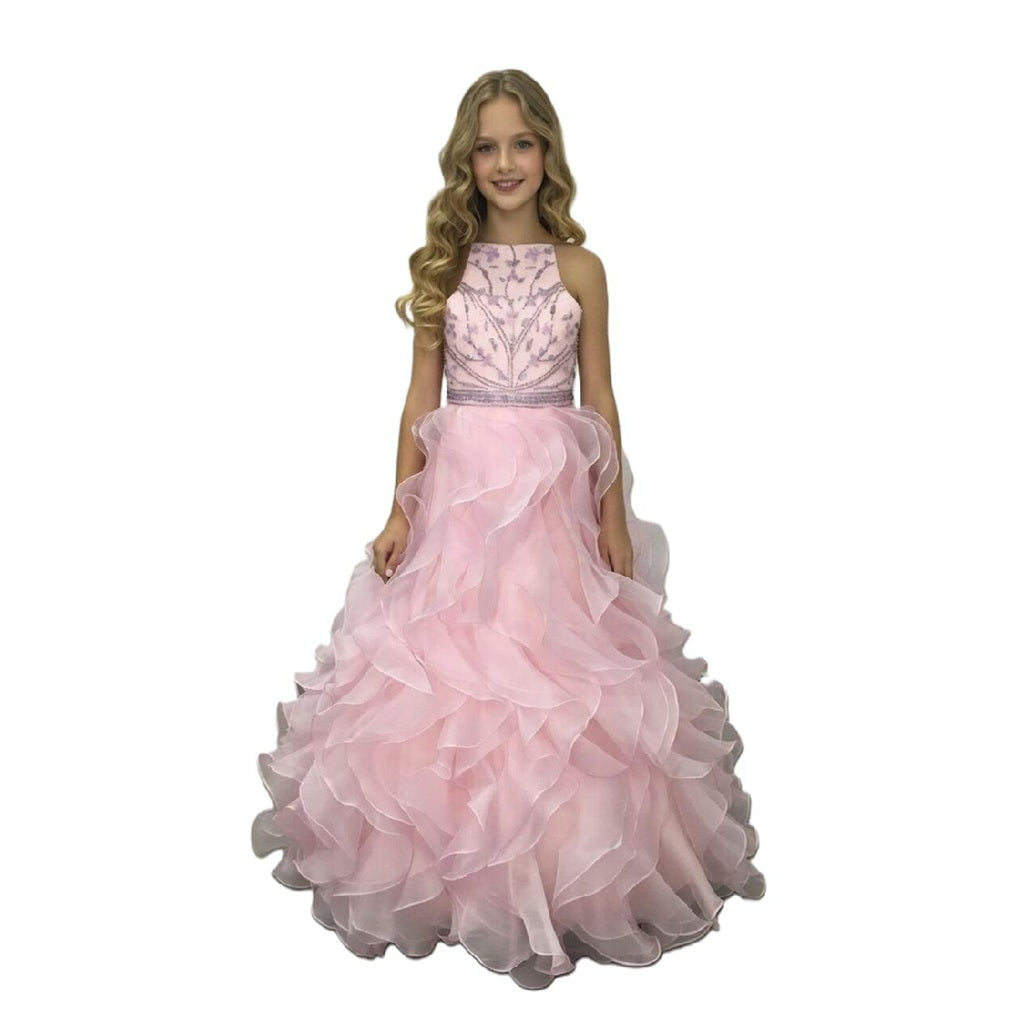 Halter Beading Top Mint Ruffle Skirt Long Pageant Dress for Girls
