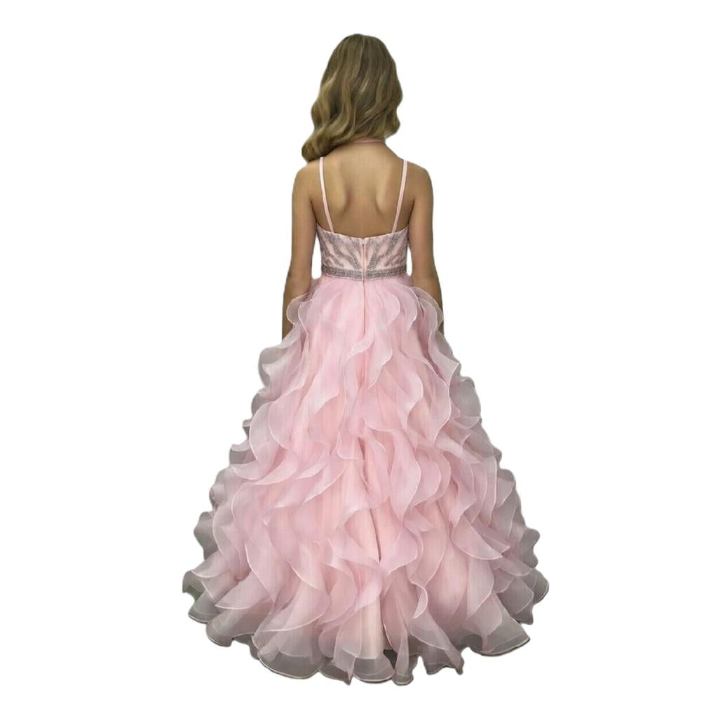 Halter Beading Top Mint Ruffle Skirt Long Pageant Dress for Girls