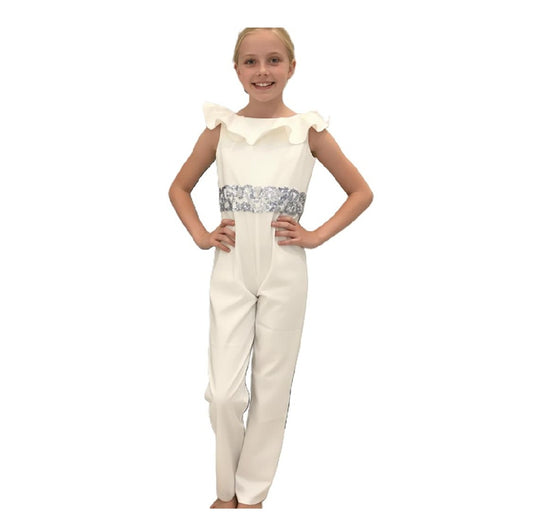 Chic Girls' Sequin Waist Jumpsuit - Elegant White Ruffle Design