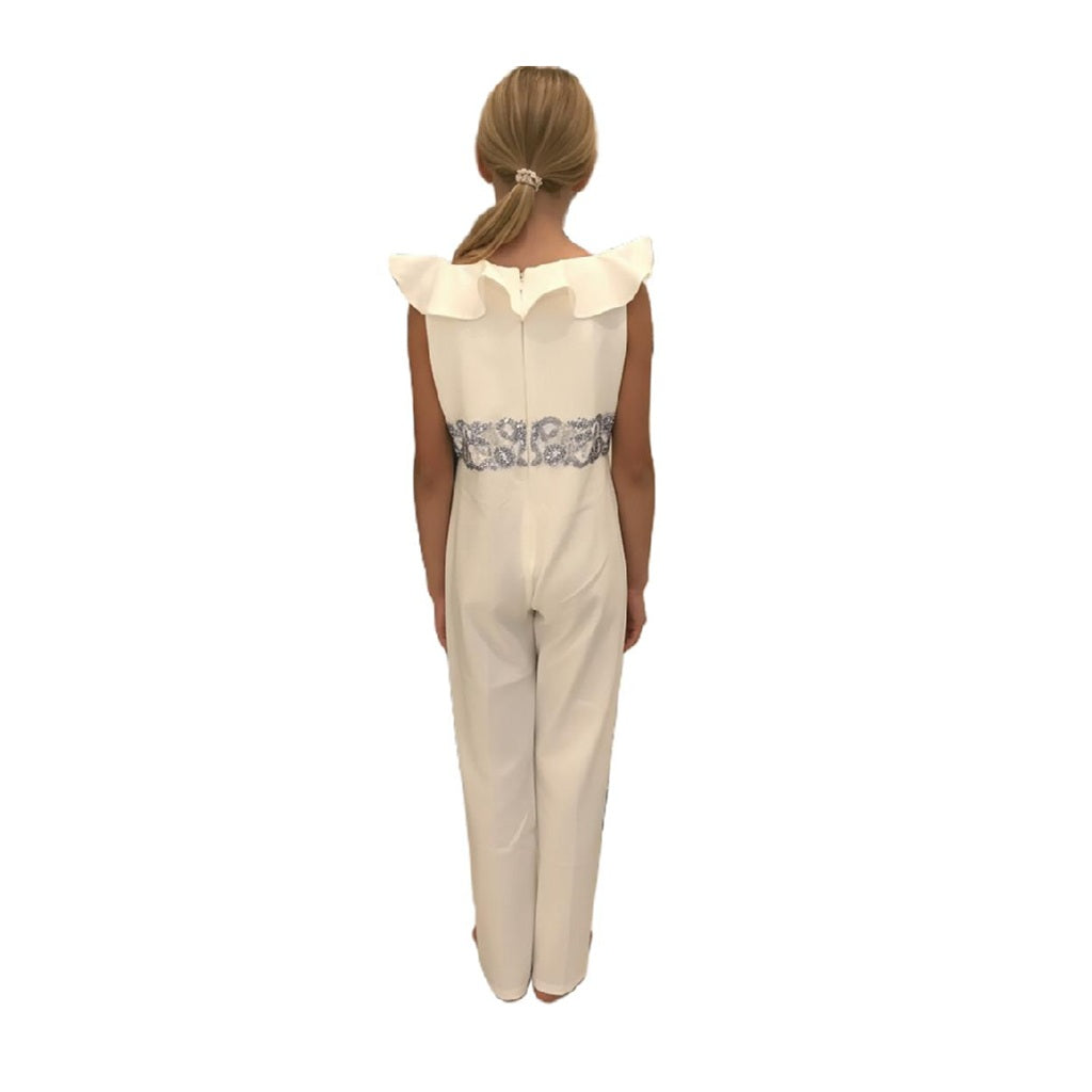 Chic Girls' Sequin Waist Jumpsuit - Elegant White Ruffle Design
