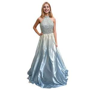 Crystal Beaded Halter Long Prom Dress