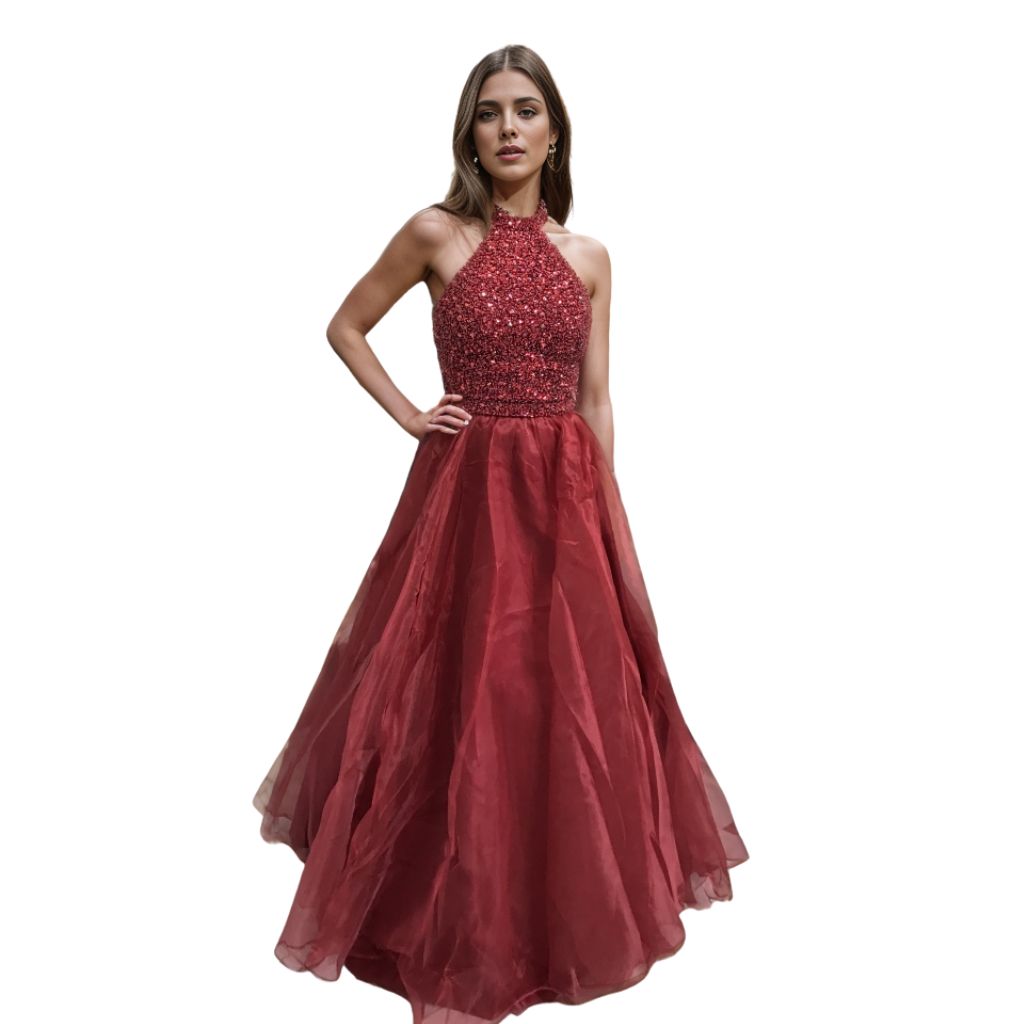 Crystal Beaded Halter Long Prom Dress